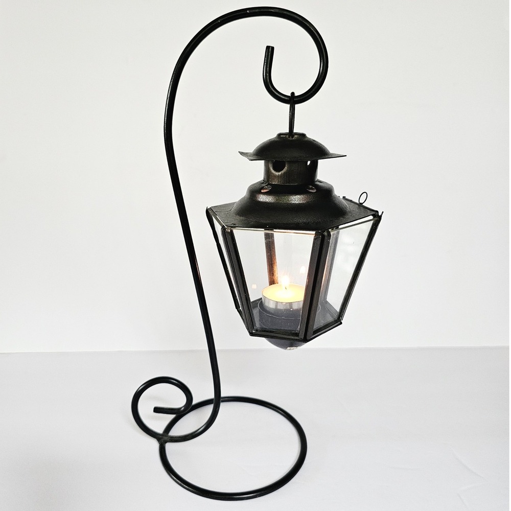 Vintage Indian Hanging Glass Lantern Black Metal Stand Gothic Witchy Home Decor